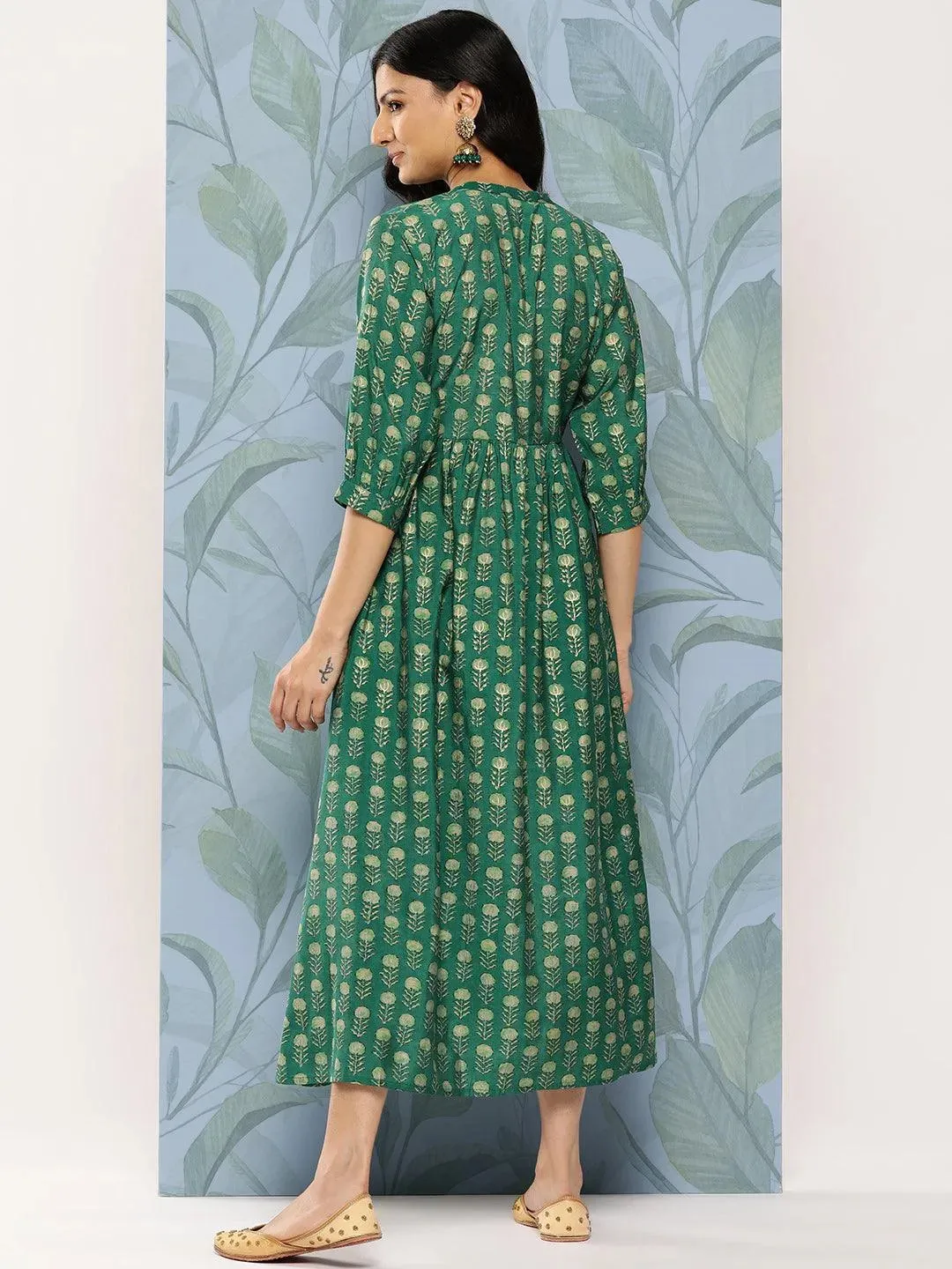 Green Printed Silk Fit and Flare Dress