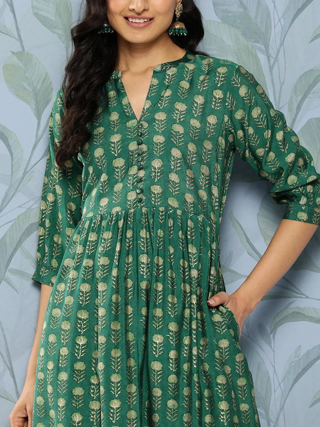 Green Printed Silk Fit and Flare Dress