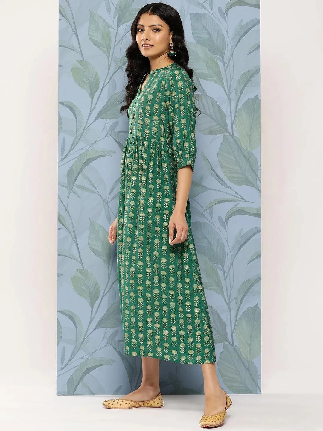 Green Printed Silk Fit and Flare Dress