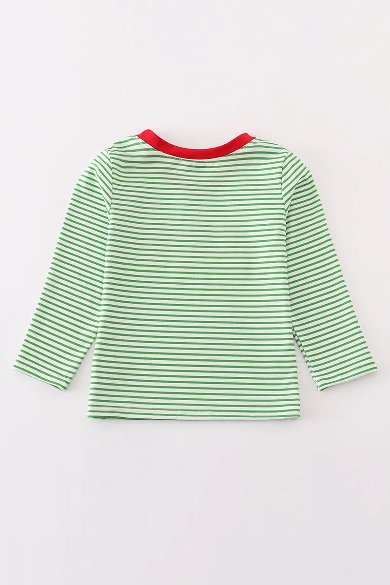 Green stripe christmas gingerbread embroidery boy top