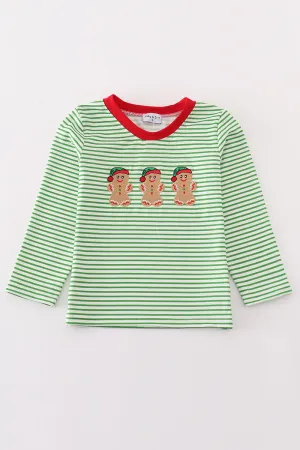 Green stripe christmas gingerbread embroidery boy top