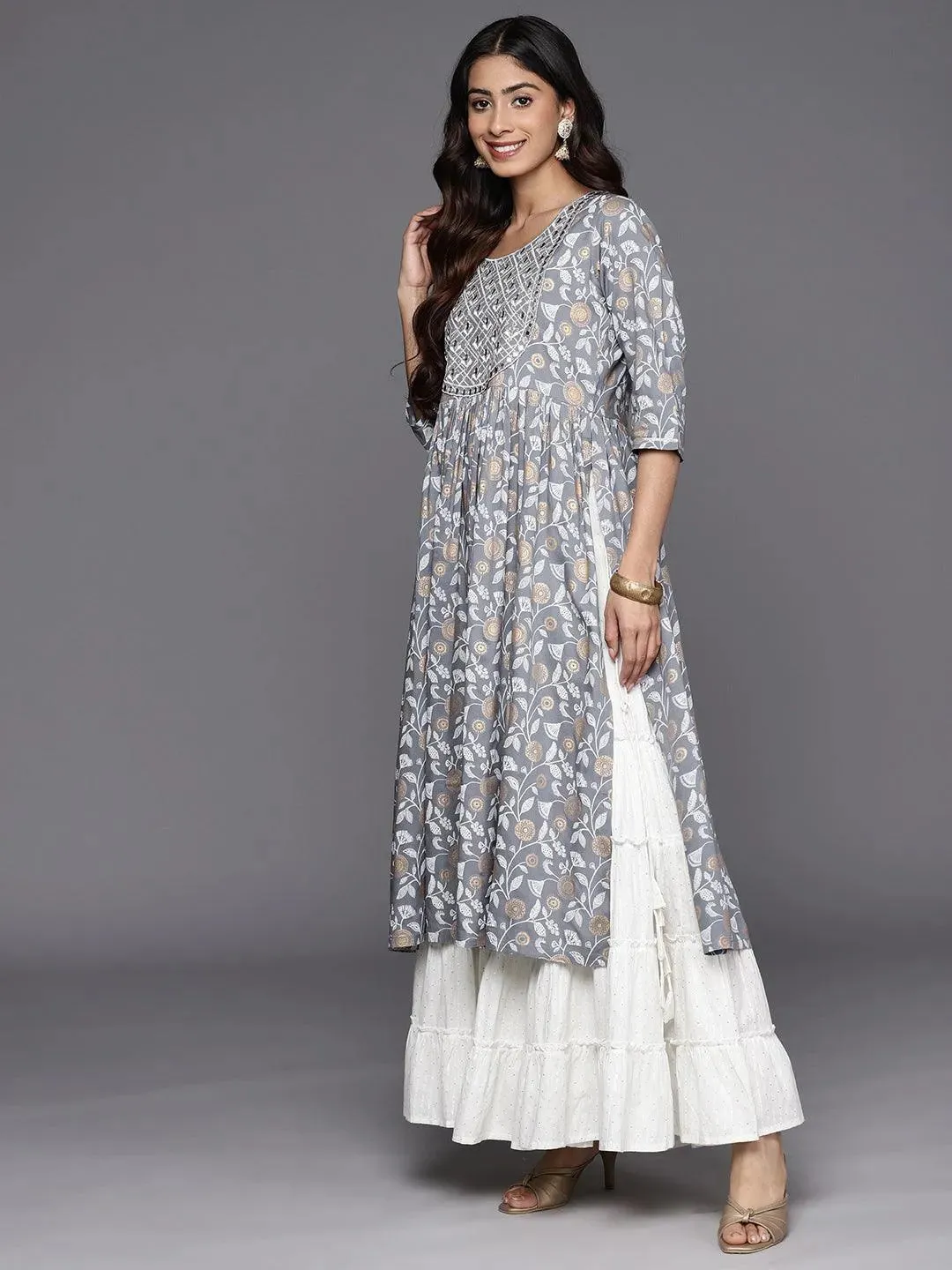 Grey Printed Rayon A-Line Kurta