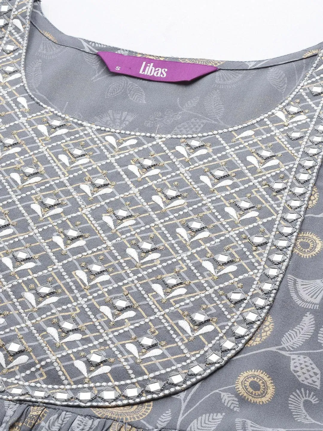 Grey Printed Rayon A-Line Kurta