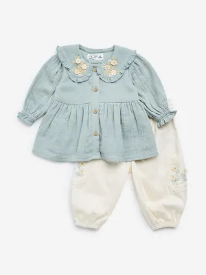 HOP Baby Sage Embroidered Cotton Blend Top with Pants Set