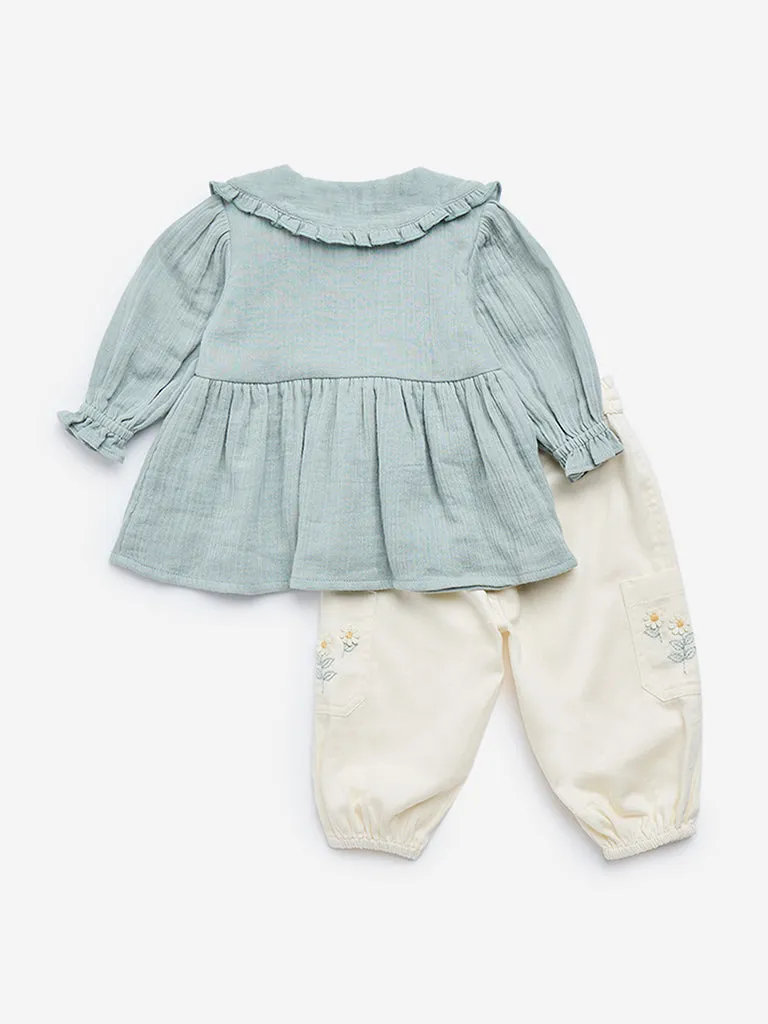 HOP Baby Sage Embroidered Cotton Blend Top with Pants Set