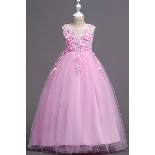 Kids Girls Flower Lace Decorated Ball Gown Dress - C642UKGD