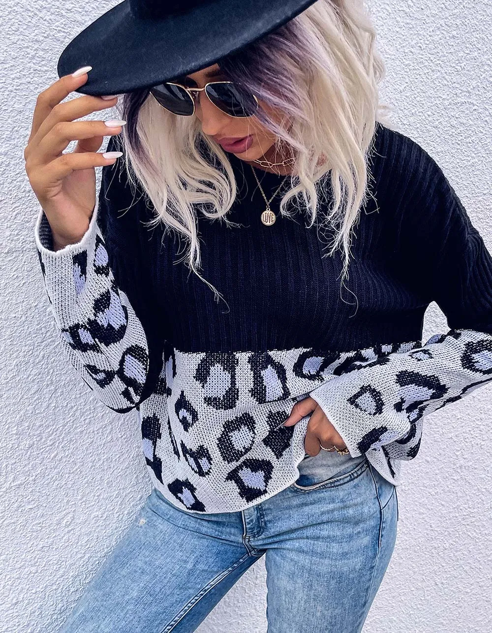 Leopard Print Stitching Round Neck Loose Thin Long Sleeve Knit Sweater