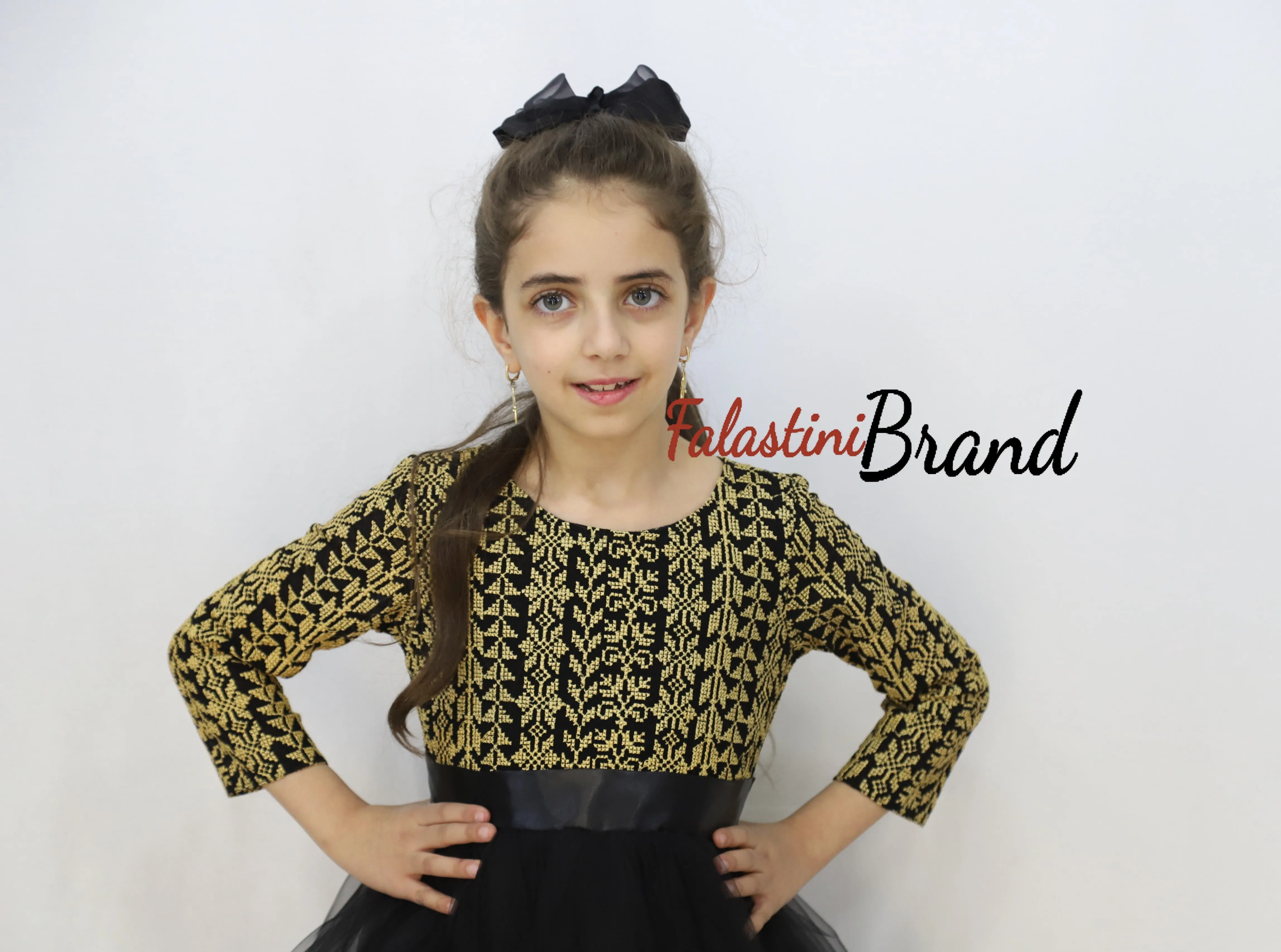 Little Girl Cloche Palestinian Golden Embroidered Black Dress