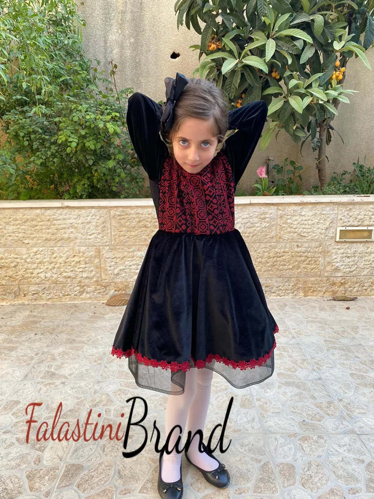 Little Girl Palestinian Embroidered Black Velvet Dress