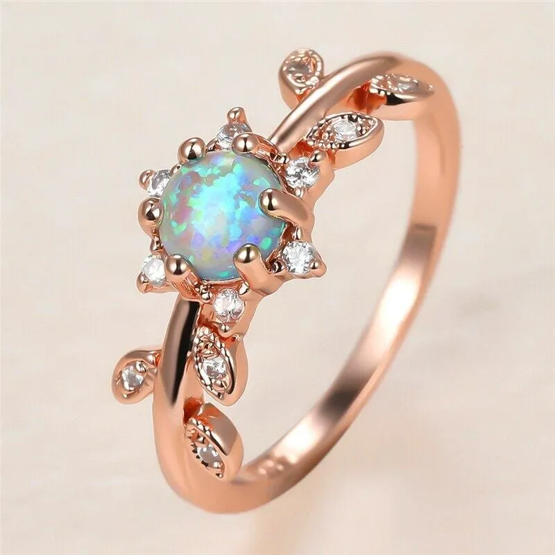 Luxury Bride Crystal Leaf White Round Opal Rose Gold Ring - 925 Sterling Silver