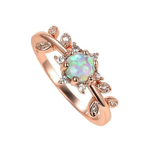 Luxury Bride Crystal Leaf White Round Opal Rose Gold Ring - 925 Sterling Silver