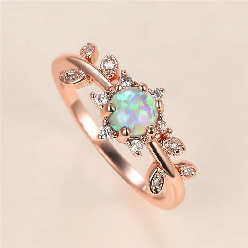 Luxury Bride Crystal Leaf White Round Opal Rose Gold Ring - 925 Sterling Silver