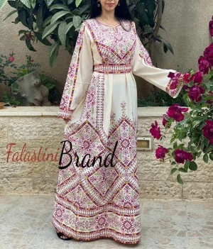 Manajil Off-White Palestinian Embroidered Floral Thobe Dress Palestinian Embroidery