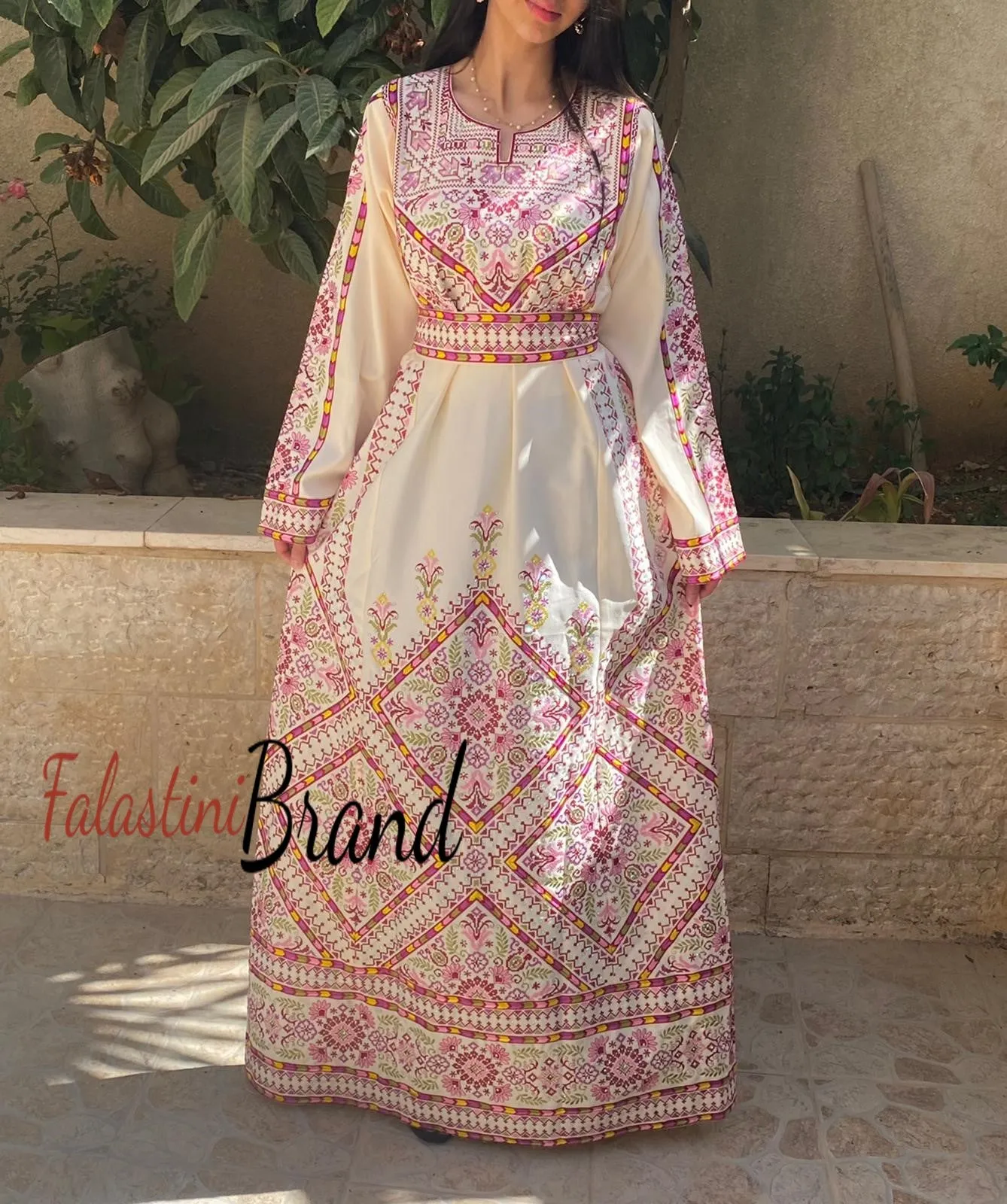 Manajil Off-White Palestinian Embroidered Floral Thobe Dress Palestinian Embroidery