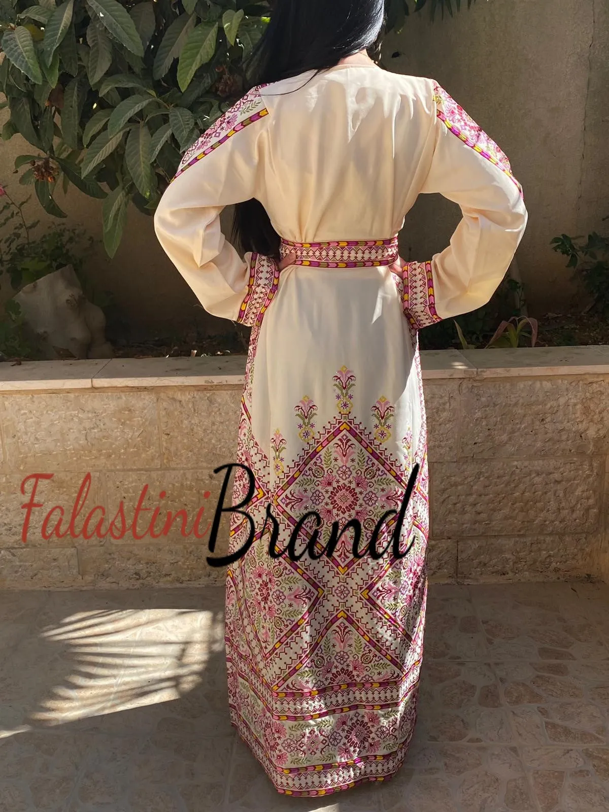 Manajil Off-White Palestinian Embroidered Floral Thobe Dress Palestinian Embroidery