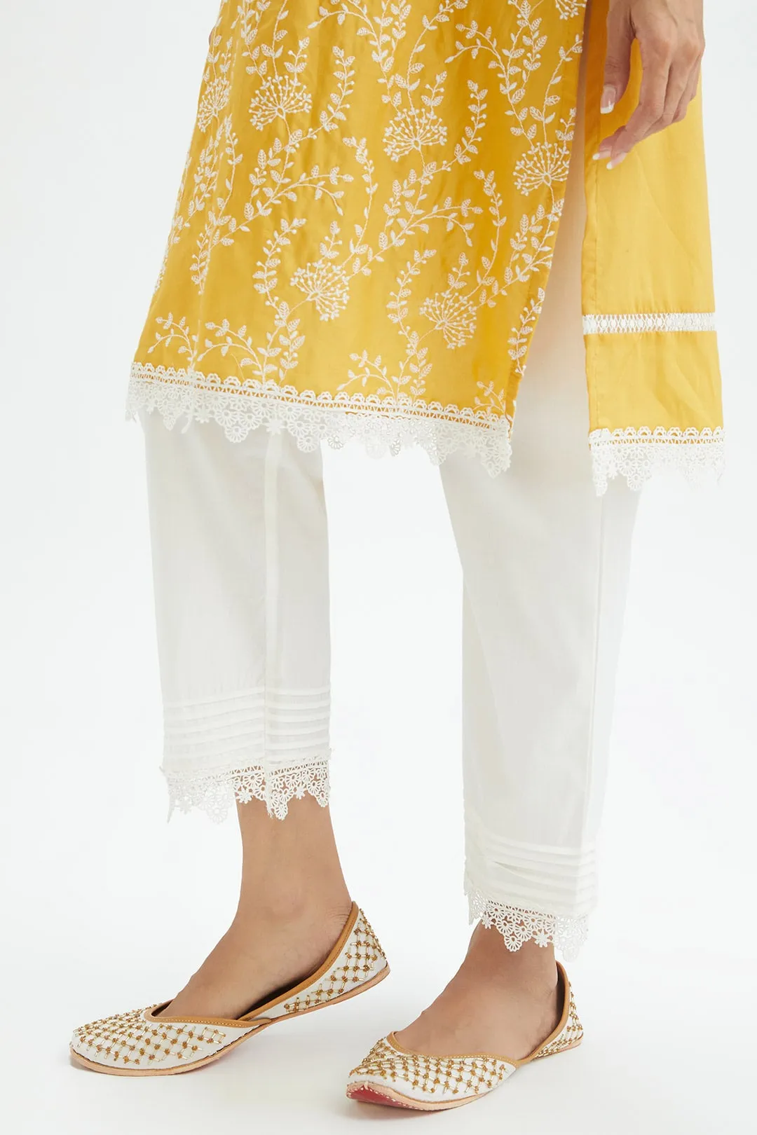 Mulmul Cotton Merlin Yellow Kurta With Thin Pintuck White Pyajama