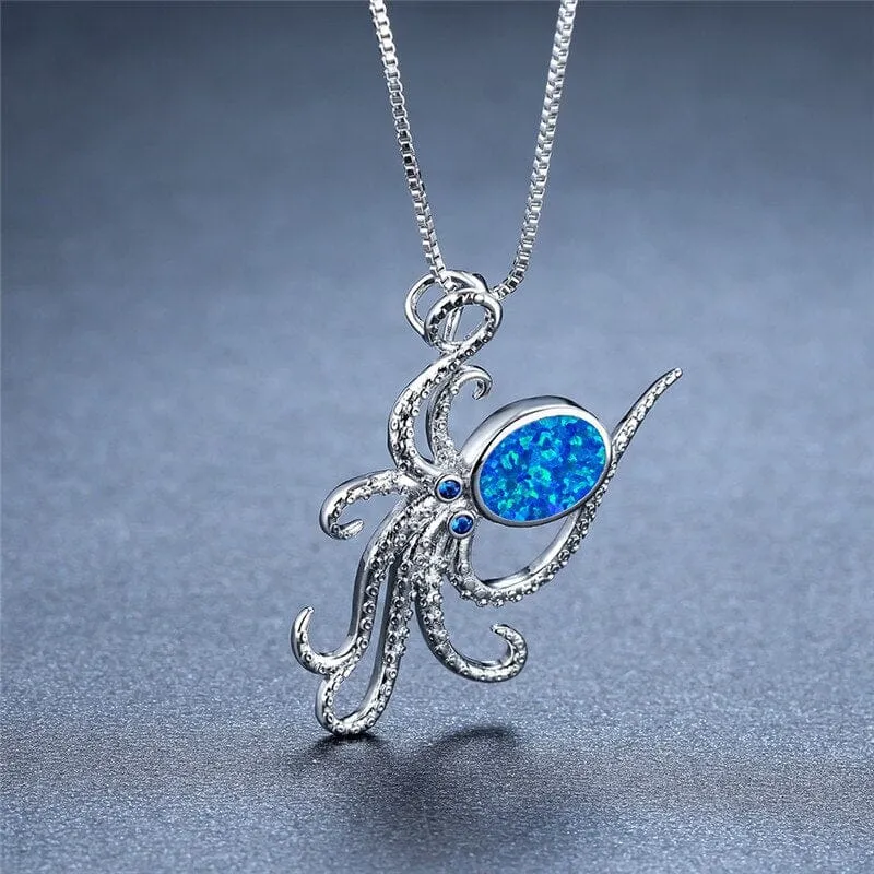 Octopus White Blue Opal Oval Stone Necklace - 925 Sterling Silver