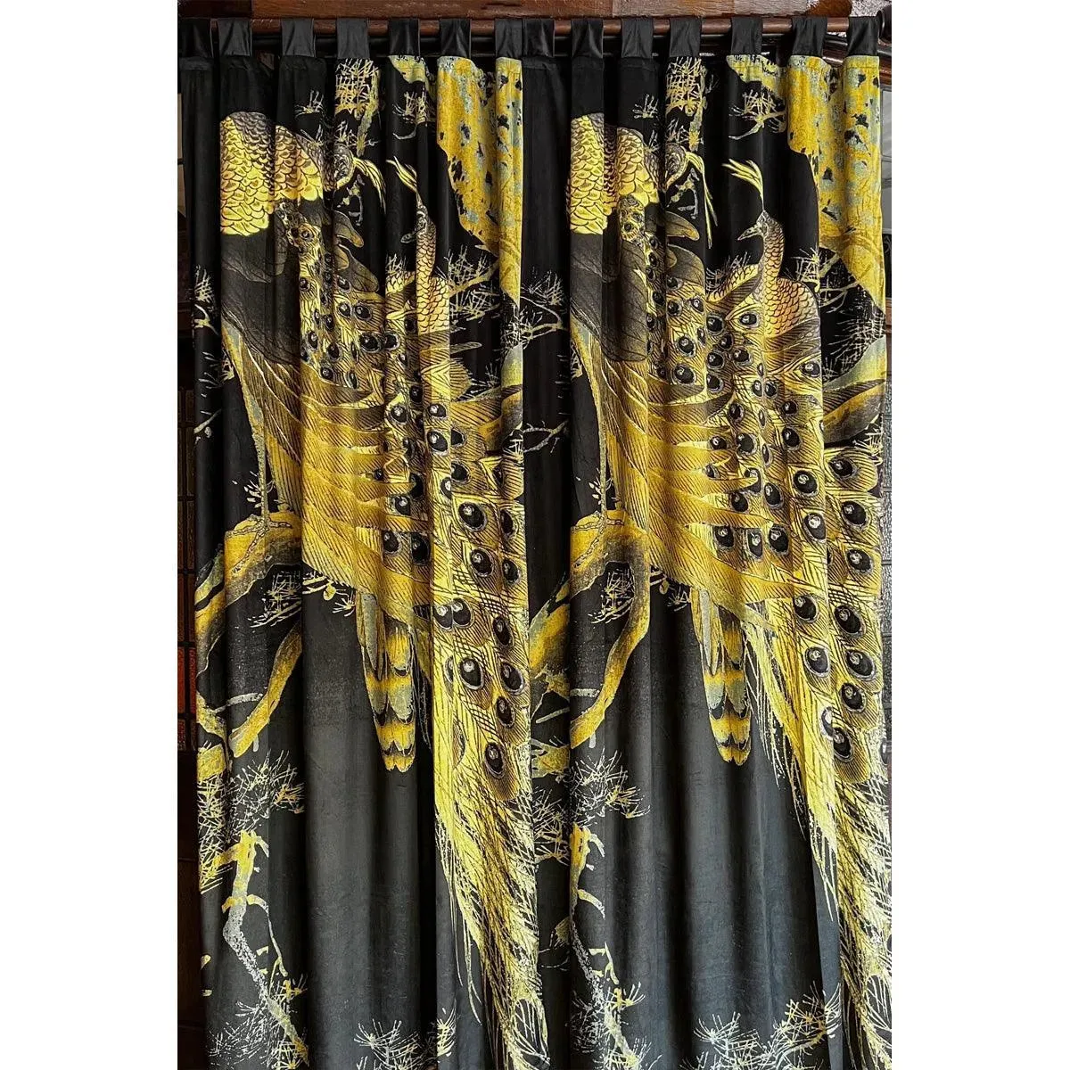 Peacock Black Printed Velvet Panel Curtain