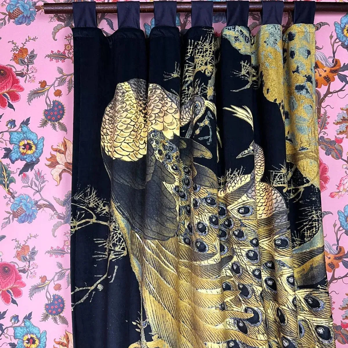 Peacock Black Printed Velvet Panel Curtain