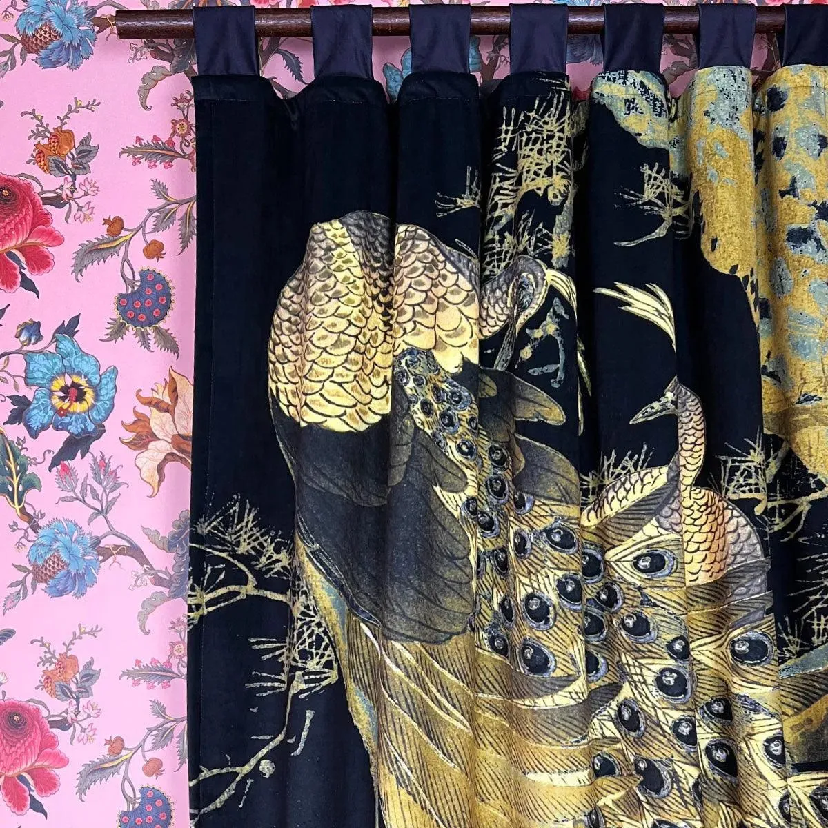 Peacock Black Printed Velvet Panel Curtain