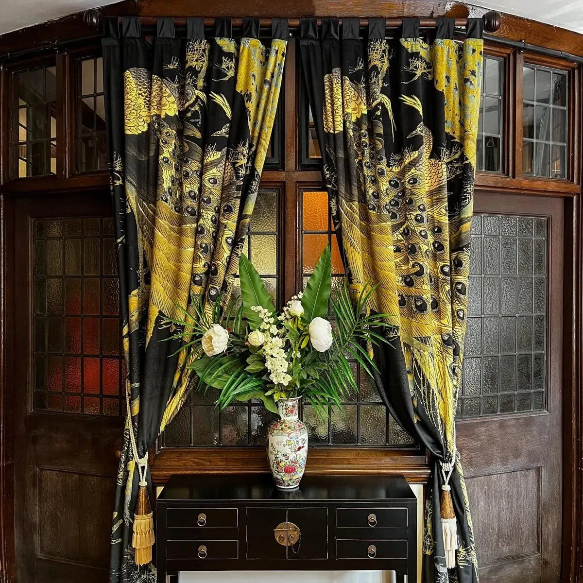 Peacock Black Printed Velvet Panel Curtain