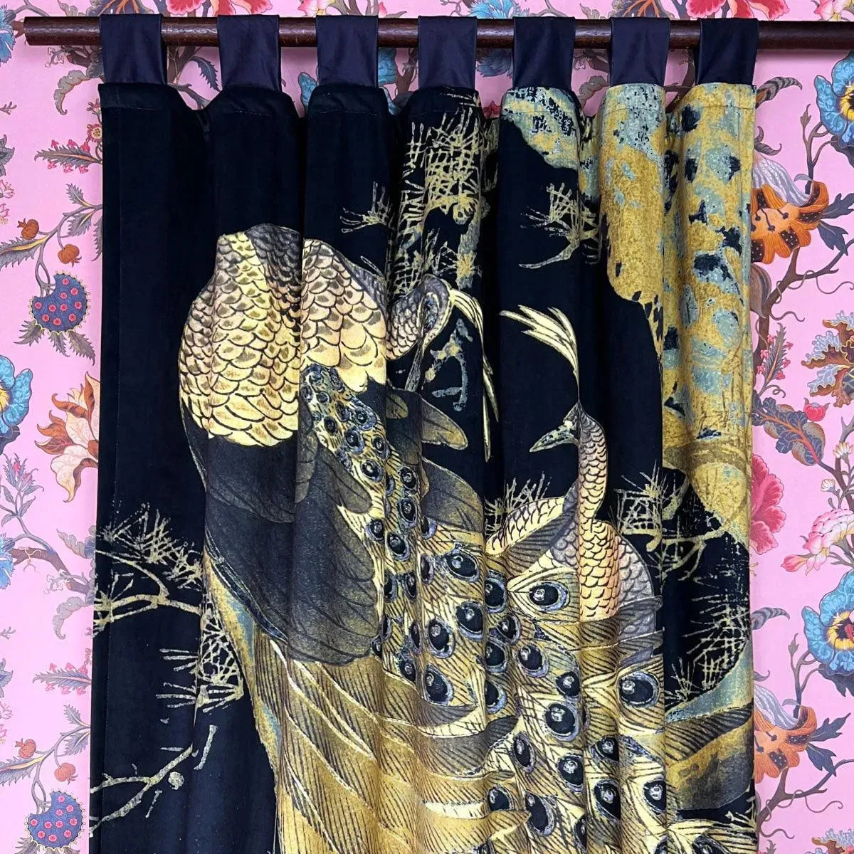 Peacock Black Printed Velvet Panel Curtain