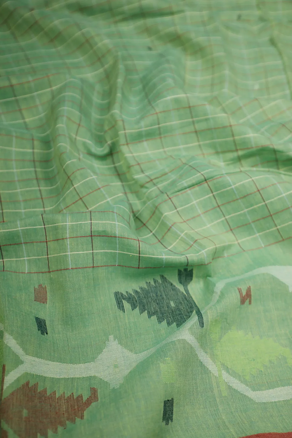 Pista Green Bordered Jamdani Cotton Fabric - 1m