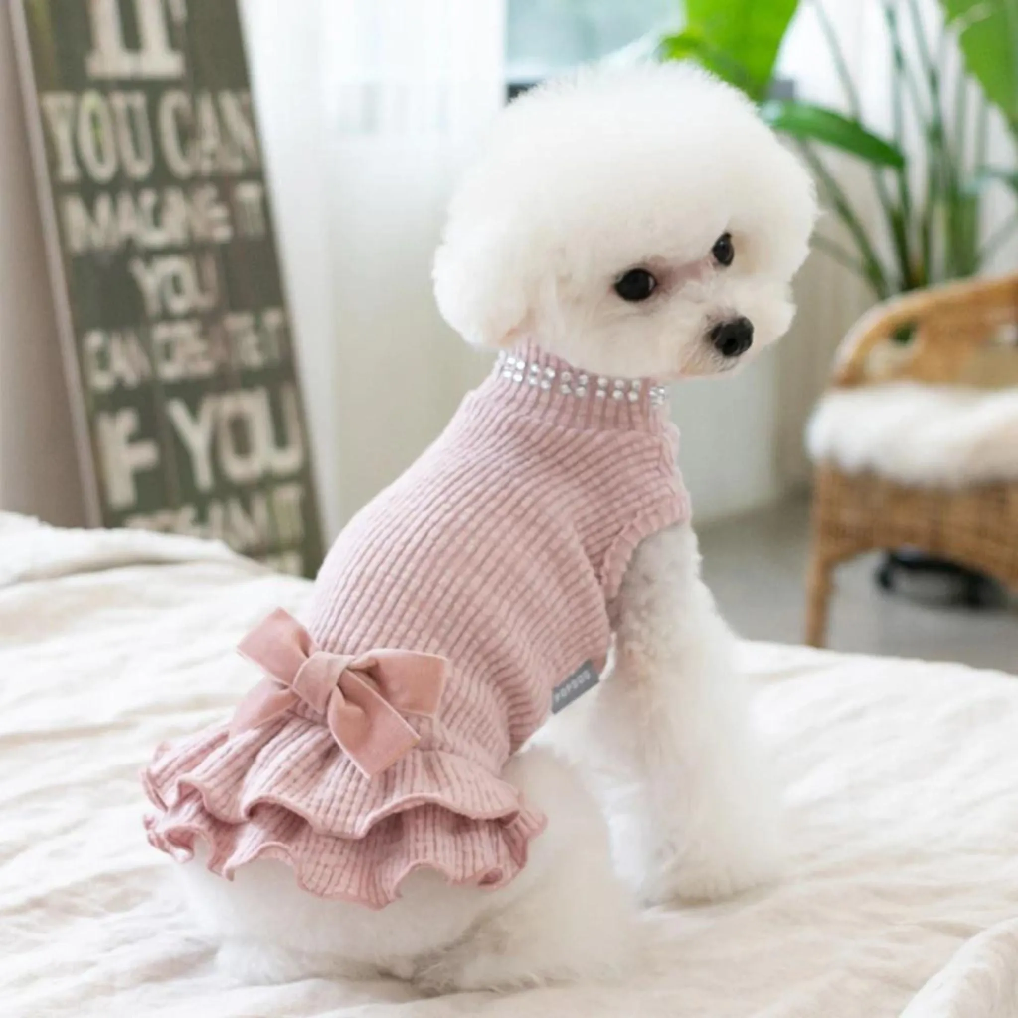 Popdog Fleece Sleeveless Pink Dress with Velvet Bow