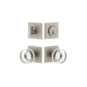 Quadrato Leather Rosette Entry Set with Circolo Crystal Knob in Satin Nickel