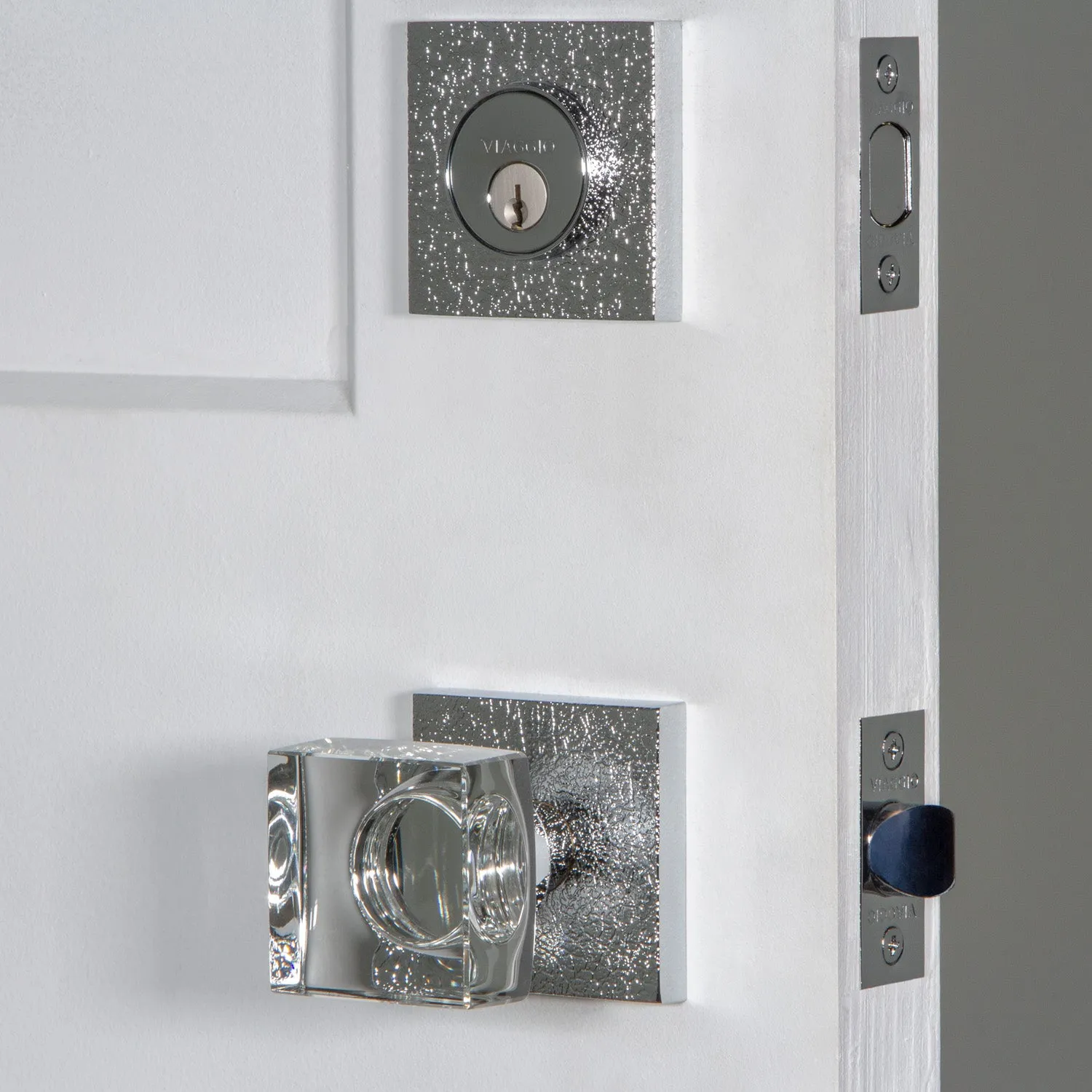 Quadrato Leather Rosette Entry Set with Quadrato Crystal Knob in Bright Chrome