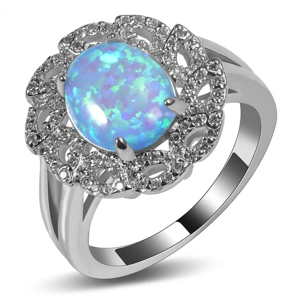 Quality Fancy Blue Fire Opal White Crystal Ring - 925 Sterling Silver