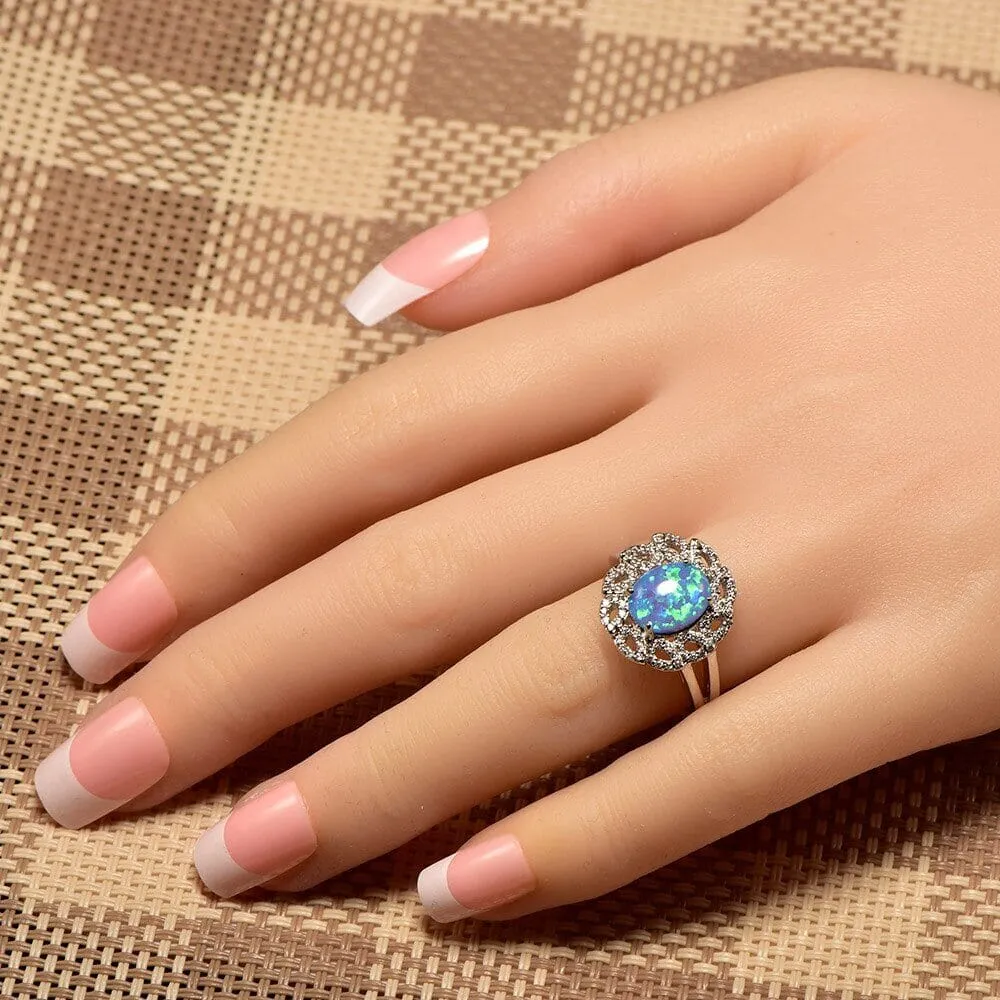 Quality Fancy Blue Fire Opal White Crystal Ring - 925 Sterling Silver