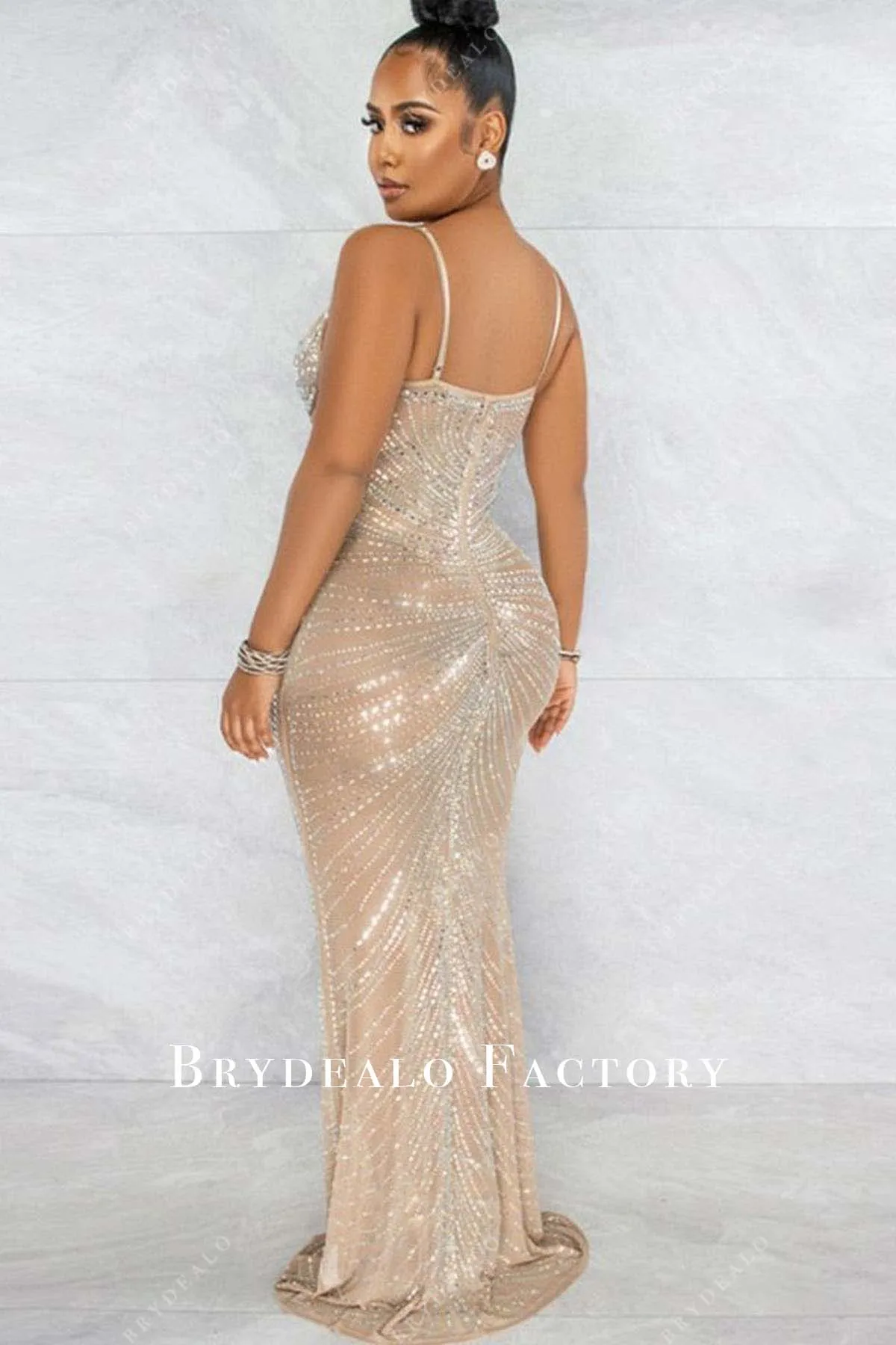 Rhinestones Thin Straps Sheer Column Prom Dress