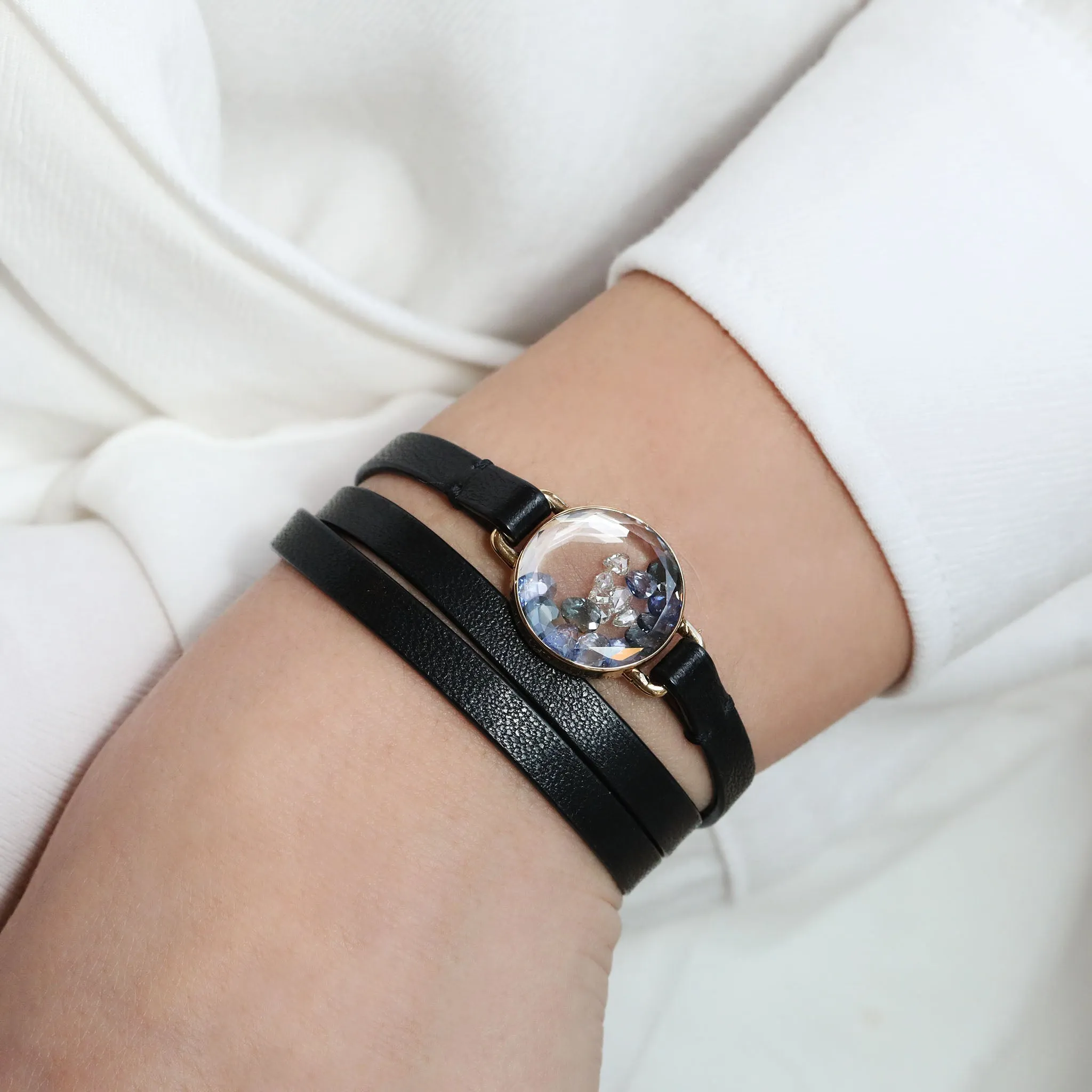 Rosecut Diamond and Blue Sapphire Shake Bracelet with Leather Cord