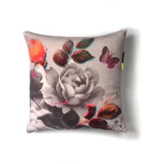 Roses Grey With Pink Butterfly | Velvet Cushion