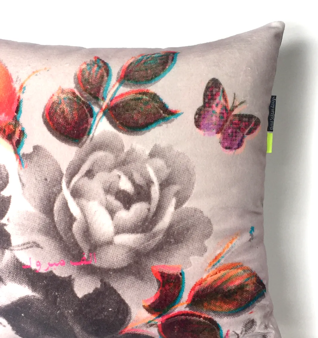 Roses Grey With Pink Butterfly | Velvet Cushion