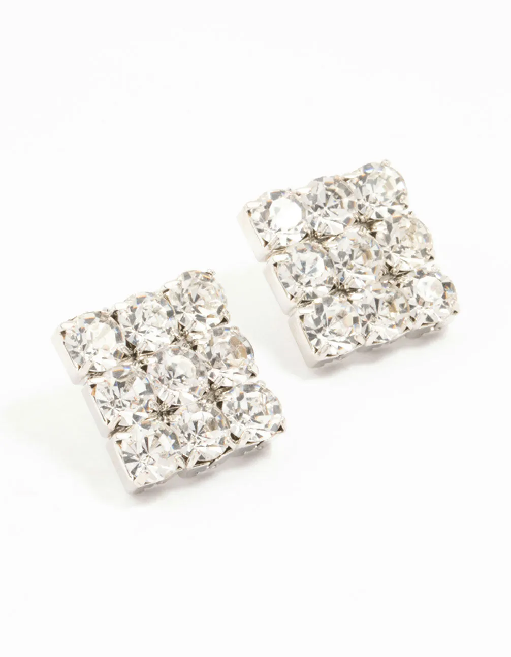 Silver Circular Diamante Square Statement Studs