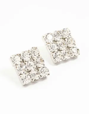 Silver Circular Diamante Square Statement Studs