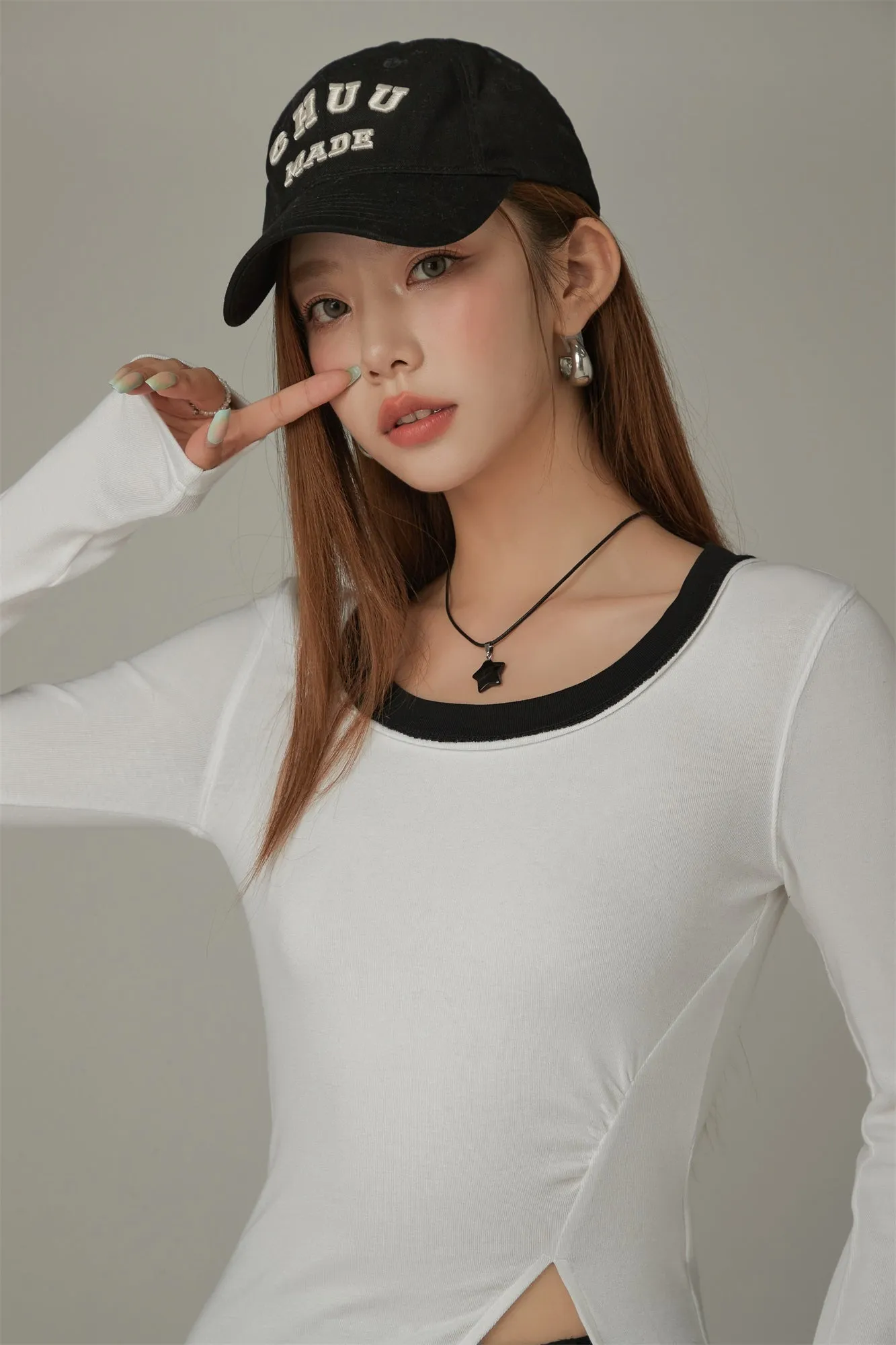 Slit Long Sleeve Simple T-Shirt