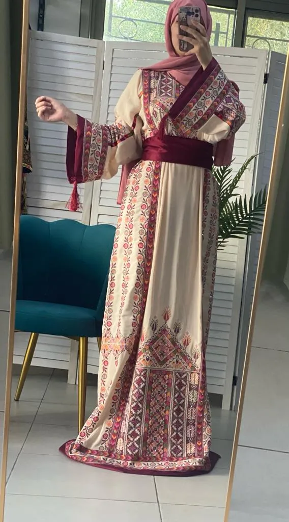 Sparkling Palestinian Embroidered Beige And Burgundy Thobe Dress with Satin Details