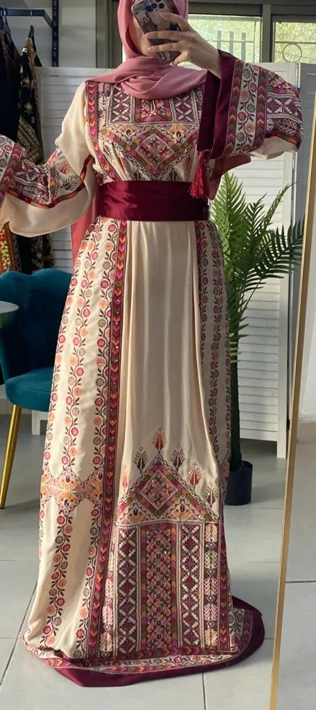 Sparkling Palestinian Embroidered Beige And Burgundy Thobe Dress with Satin Details