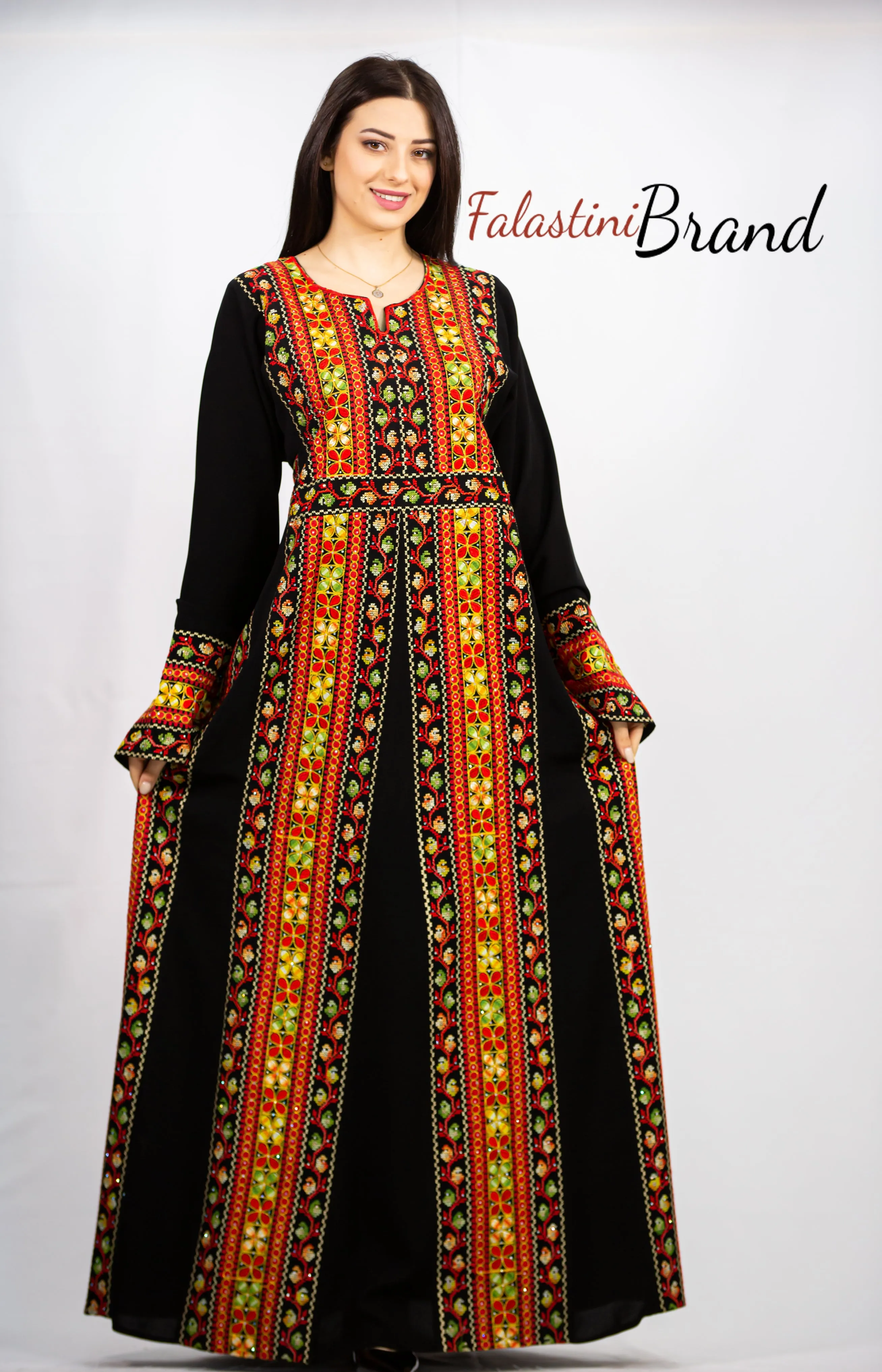 Stylish Fire Color Palestinian Embroidered Abaya Thobe Dress