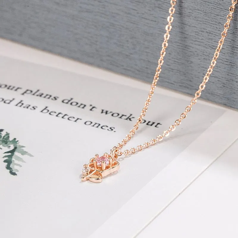 Trendy Pink Crystal Rose Pendant Necklace