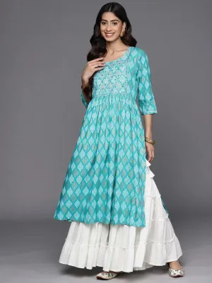 Turquoise Blue Embellished Rayon A-Line Kurta