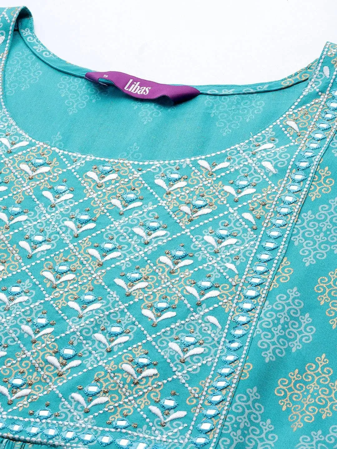 Turquoise Blue Embellished Rayon A-Line Kurta