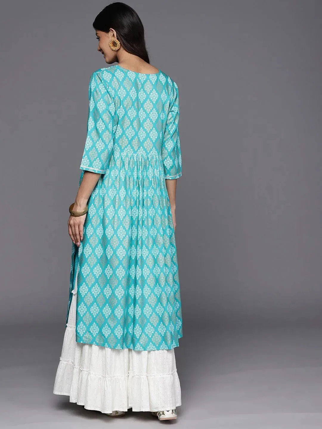 Turquoise Blue Embellished Rayon A-Line Kurta