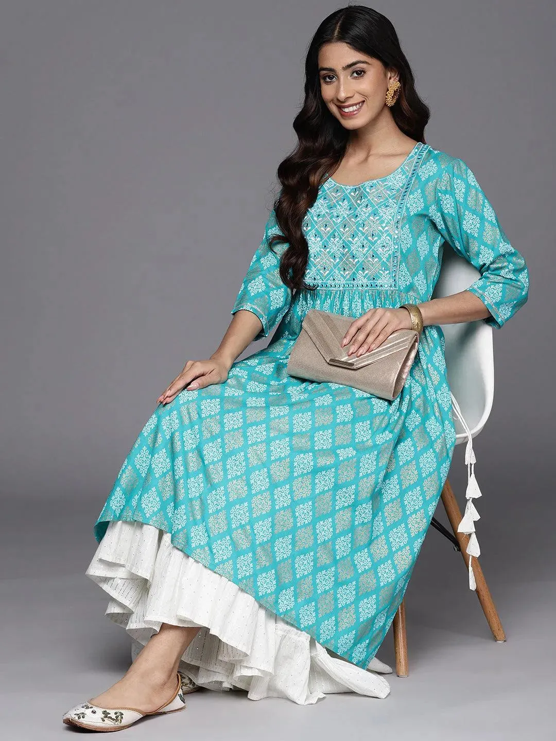 Turquoise Blue Embellished Rayon A-Line Kurta