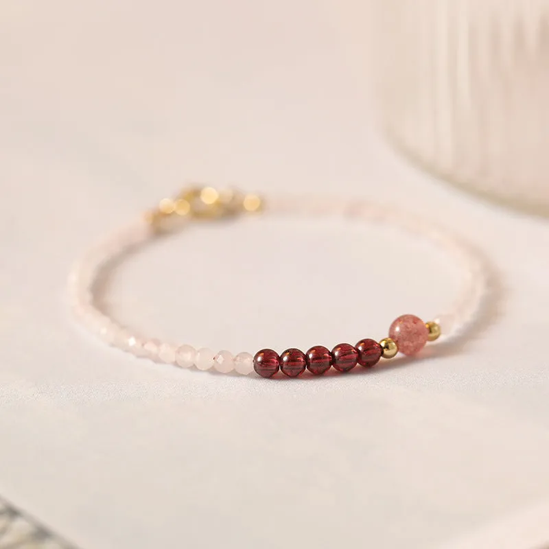 Ultra-Thin Strawberry Crystal Powder Bracelet for Women, Sterling Silver Layered Design