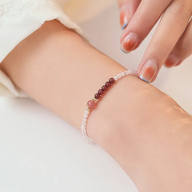 Ultra-Thin Strawberry Crystal Powder Bracelet for Women, Sterling Silver Layered Design