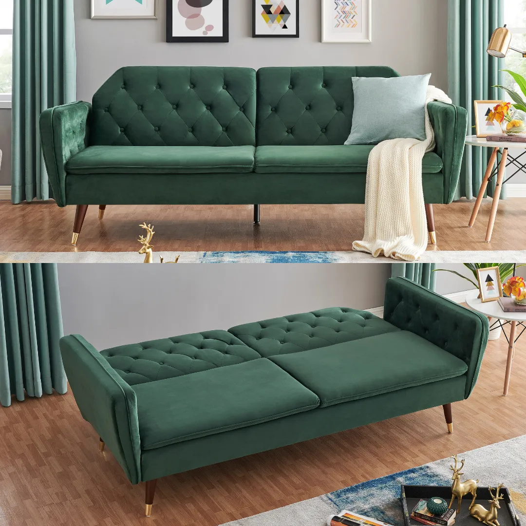 Victoria 3 Seater Velvet Click Clack Sofa Bed  - Green